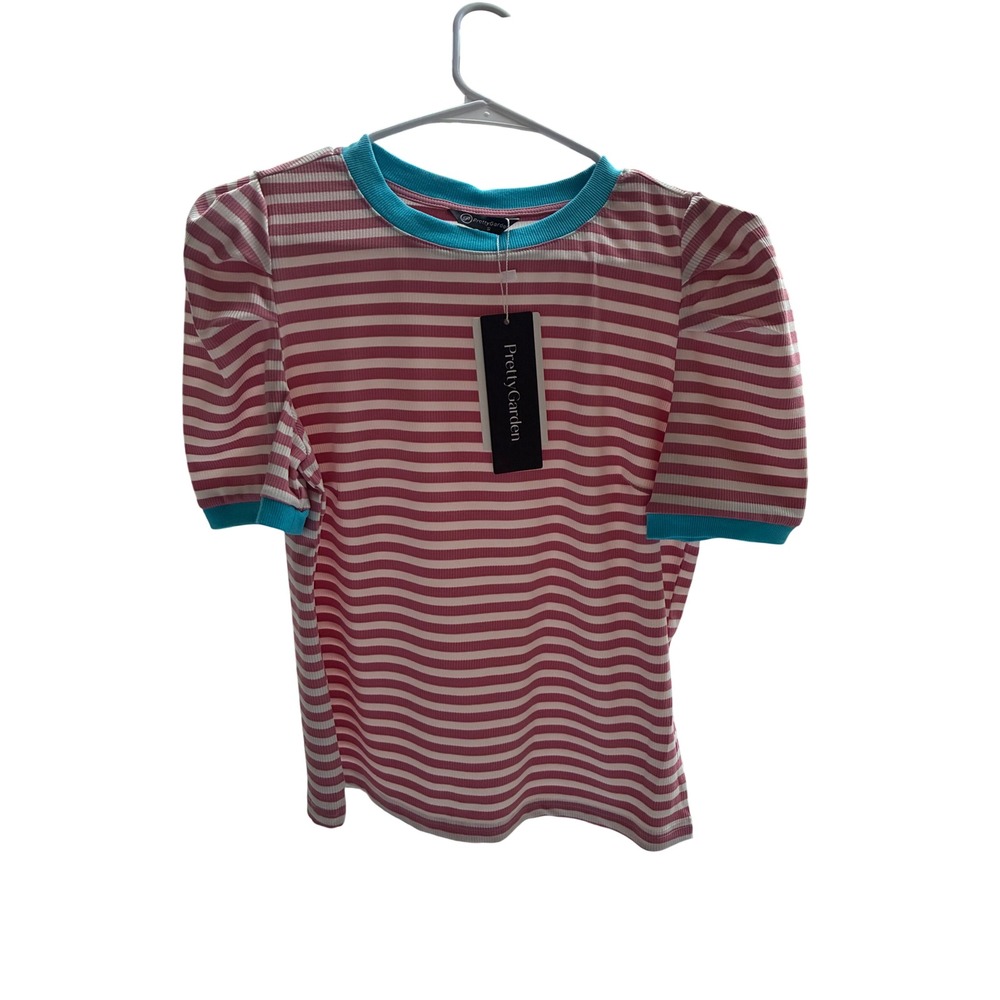 PrettyGarden Pink White Striped Puff Sleeve Top Turquoise Trim Ribbed Size S